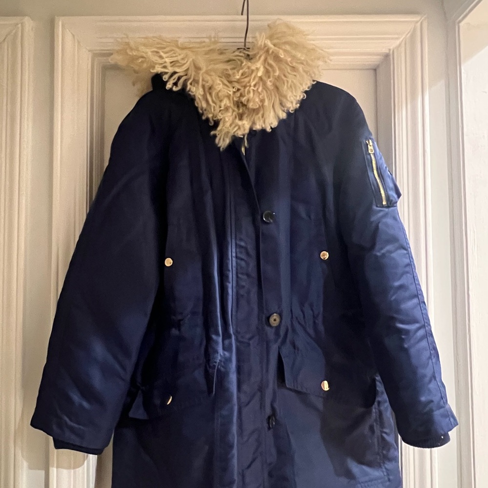 Tory Burch Navy Puffer Jacket with Cream Fur Collar
